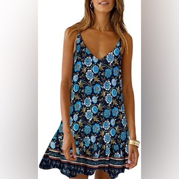 None Dresses & Skirts - Boho Blue Floral Strappy Ruffle Hem Summer Mini Sundress S Coastal Dainty Beach